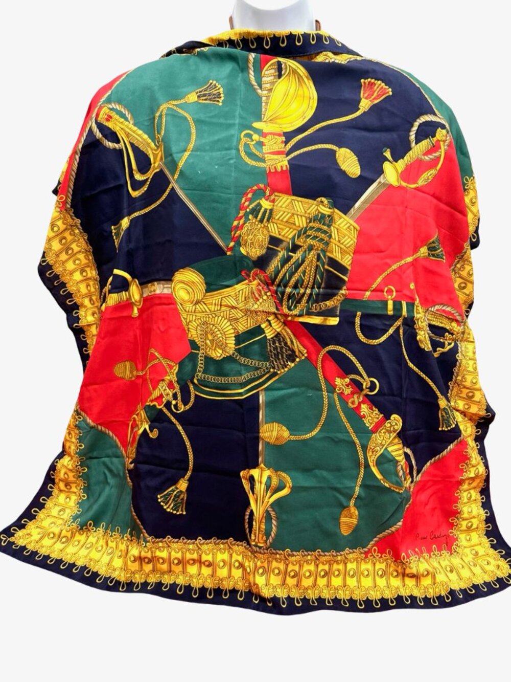Vintage Pierre Cardin Paris 100% silk satin scarf 34" red black gold green (73 - Picture 5 of 11